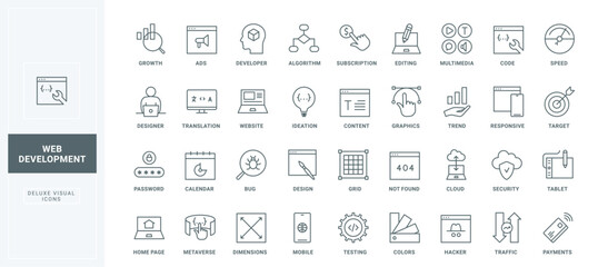 Editing and design creation, homepage content thin black outline symbols vector illustration. Web development, software and program code optimization, testing by programmer line icons set.