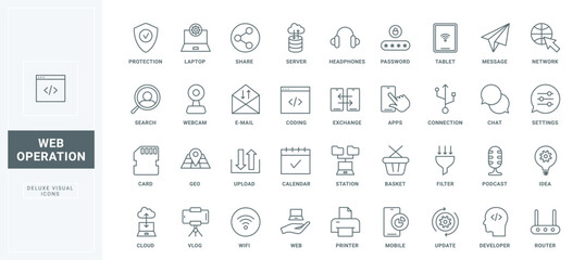 Data transfer and storage, update and upload for information, system backup and email thin black and red outline symbols, vector illustration. Web services, application usage and coding line icons set