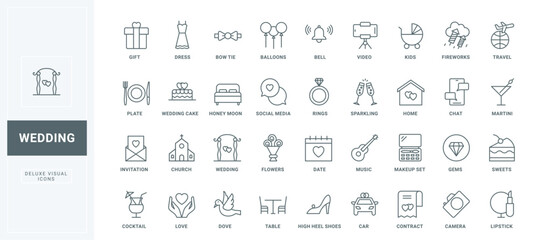 Bride and groom, gifts and wedding cake, honeymoon journey and flowers bouquet for bridal event, fireworks thin black outline symbols vector illustration. Wedding and marriage line icons set.