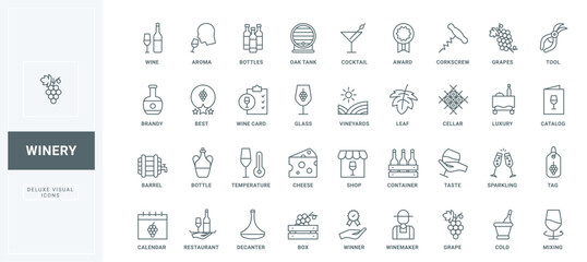 Wine alcohol to taste in restaurant and bar, shop menu thin black outline symbols vector illustration. Winery, making and testing grape wine, storage in box and barrel in cellar line icons set.