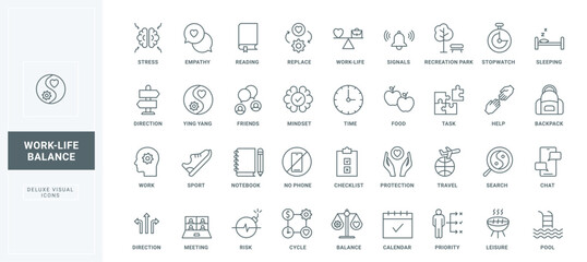 Search and plan tasks for office and leisure, meeting with friends and digital detox, sleep and travel thin black outline symbols vector illustration. Work life balance line icons set.