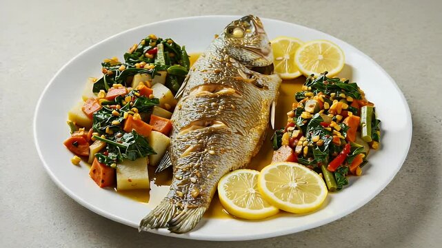 Cooked fish with vegetables and lemon slices