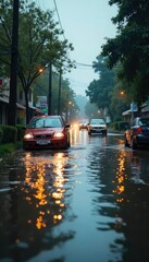 Fototapeta premium A dramatic scene of a flooded street, submerged cars, and debris-strewn waters The rising water level is clearly visible, highlighting the impact of the flood , crisis, water, urban flooding
