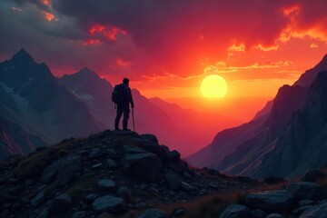 A lone figure silhouetted against a dramatic sunset, embarking on a perilous journey across a vast, rugged landscape A sense of mystery and adventure permeates the scene , freedom, travel