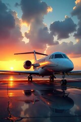 Obraz premium A sleek private jet on a tarmac at sunset, ready for takeoff Luxury travel, business aviation, corporate flight, global connectivity, executive travel, high-end transport , transport, charter flight