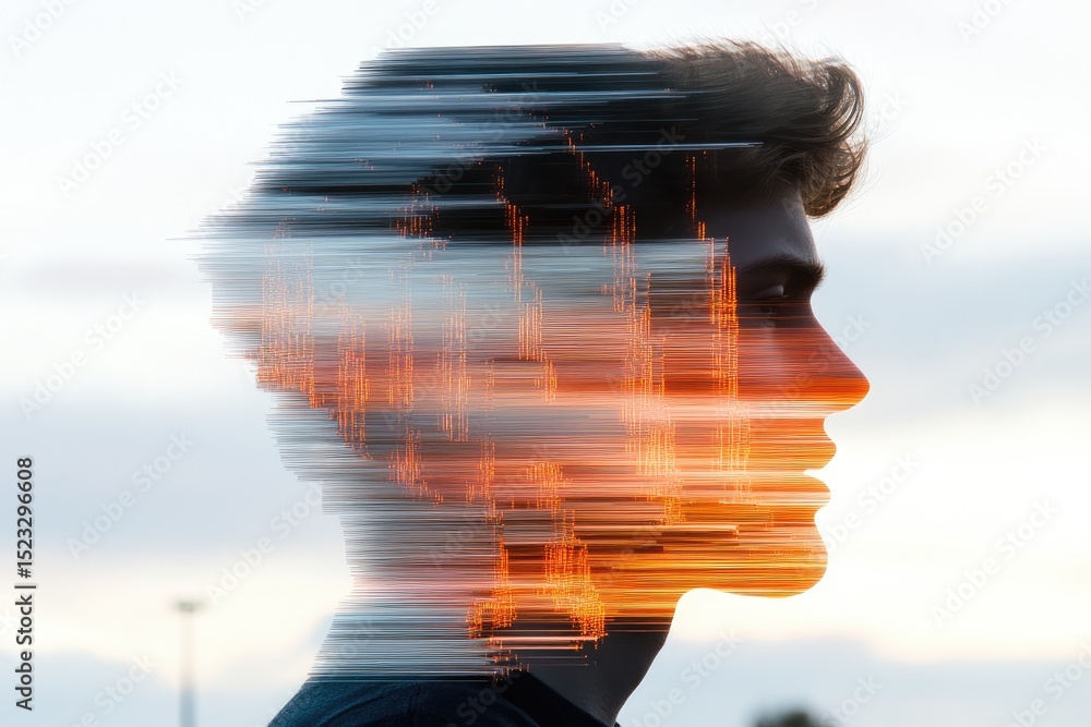 Poster man's face merges with blurred data streams, against a bright sky. thought process concept