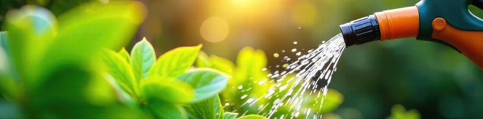 Obraz premium A vibrant summer scene featuring a garden hose watering lush green plants, sunlight dappling through leaves Perfect for themes of hydration, gardening, and summer refreshment , hosepipe, garden hose