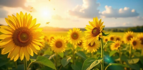 A vibrant sunbeam illuminates a field of sunflowers, buzzing with bees; a scene of pure, unadulterated joy and the simple beauty of nature's happiness , radiant, peaceful, golden