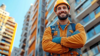 Confident construction worker in front of buildings