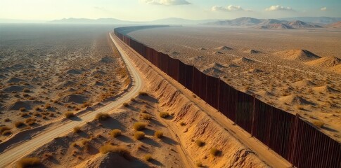 A stark, high-angle shot of a heavily fortified border wall stretching across a desolate landscape, emphasizing its imposing power and control , wall, surveillance