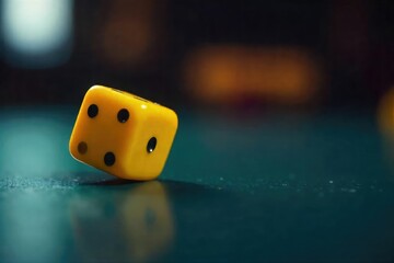 Close-up of a single yellow die rolling across a smooth, dark surface, motion blurred, capturing the dynamic energy of chance and luck , dice roll, gambling, dark