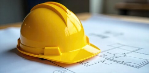 Close-up of a sturdy, yellow safety helmet resting on a blueprint, symbolizing construction site protection and risk mitigation , protection, occupational