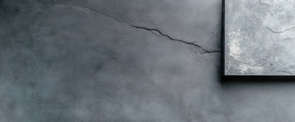 Grey textured wall with a crack and a gray square corner hanging on the upper right part of the wall