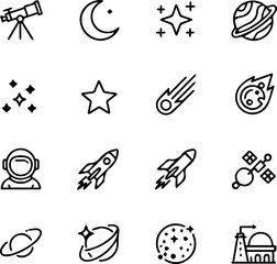 Fototapeta premium Space exploration icons set astronaut rocket stars planets galaxy universe art moon line flat comet