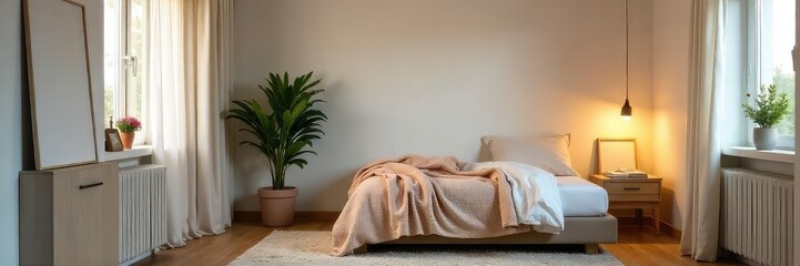 Cozy single bedroom with a minimalist aesthetic, featuring a comfortable bed, side table, and soft lighting Perfect for a relaxing and peaceful sleep , simple, soft, curtains