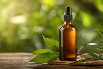 Brown Bottle with Leaves on Wood Table