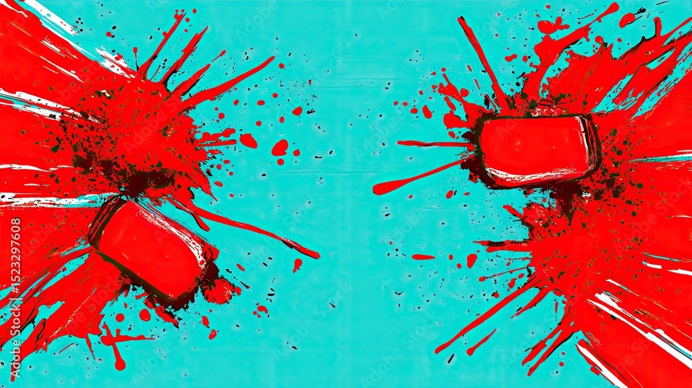 Poster an artistic and dynamic explosion of two red objects on a light blue background, with fluid splatter