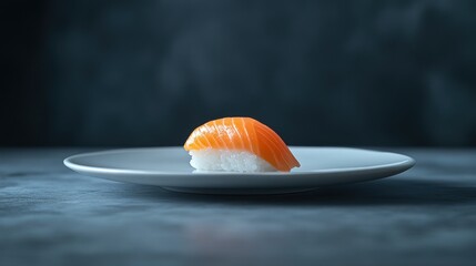 Single salmon nigiri on white plate, dark backdrop