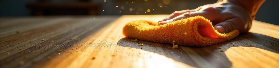 Close-up of a polishing cloth buffing a wooden surface to a high shine indoors, revealing the rich grain and texture Dust motes dance in the sunbeams illuminating the scene , gleam, craftsman