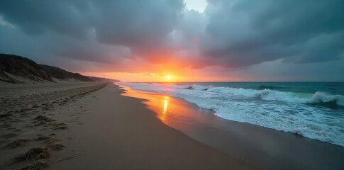 Lonely beach scene at sunset, waves crashing on shore, melancholic atmosphere, deserted sands, grey sky, feeling of solitude, empty coastline , serene, sky