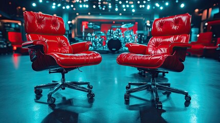 Red leather office chairs in a music venue