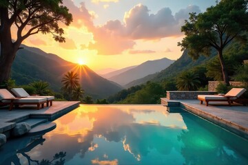Relaxing outdoor spa scene at sunset, featuring a tranquil pool, lush greenery, and serene mountain views Perfect for wellness, relaxation, and travel brochures , yoga, refresh