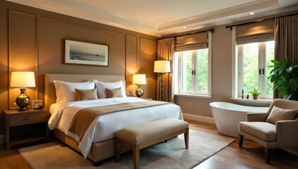 Fototapeta premium Luxurious motel suite with plush king-size bed, elegant decor, and a spa-like bathroom Perfect for a romantic getaway or relaxing solo trip , clean, towels