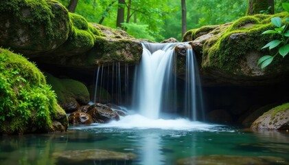 Serene waterfall cascading over mossy rocks, creating a tranquil and peaceful atmosphere perfect for relaxation and meditation The lush greenery adds to the calming ambiance , calm, river, soothing