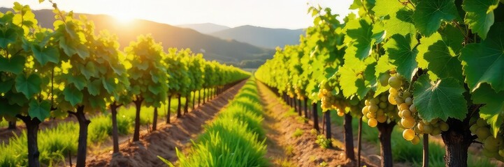 Rows of lush green grape vines stretch across a sunny hillside, ripe bunches of grapes hanging heavy on the vines, ready for harvest The picturesque vineyard is bathed in warm sunlight , sun, summer