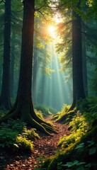Sunlight dapples through ancient trees in a deep, untouched forest wilderness Discover the serenity and mystery of nature's untamed beauty Explore the quiet solitude of the woods , trees, sunlight