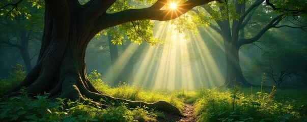 Sunlight dappling through ancient trees in a lush woodland, creating a magical atmosphere Perfect for nature, fantasy, and environmental themes , woods, texture