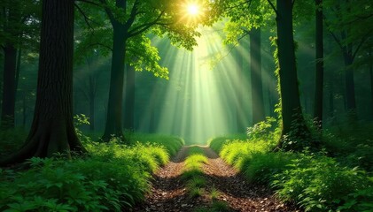 Sunlight streams through the dense canopy of a lush forest, illuminating the path ahead The air is still and the atmosphere is serene, inviting exploration deeper into the woods , trail, light, path