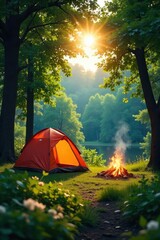 Sunny summer day at a tranquil campsite, lush green trees surrounding a tent, campfire crackling in the background, peaceful and serene nature scene , stars, tent