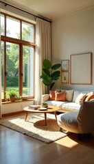 Sunlit living room with comfortable furniture, large windows offering natural light, and stylish decor Perfect for relaxation and family time , peaceful, relaxing