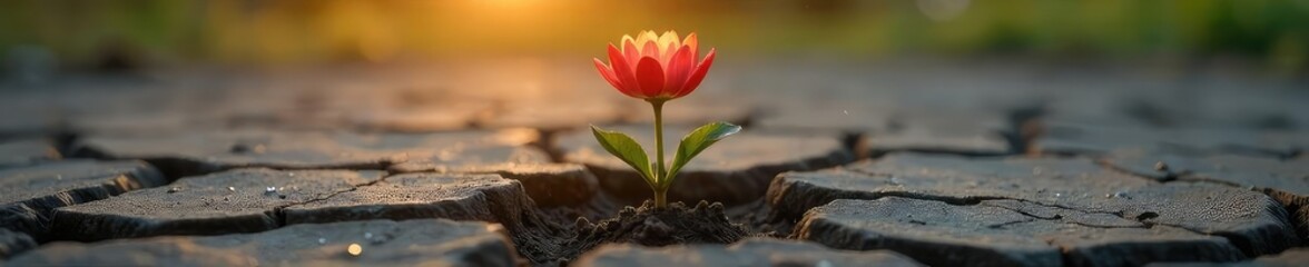 Symbolic depiction of rebirth and renewal; a single, vibrant flower pushing through cracked earth, representing hope and spiritual resurrection , soil, upward, flower