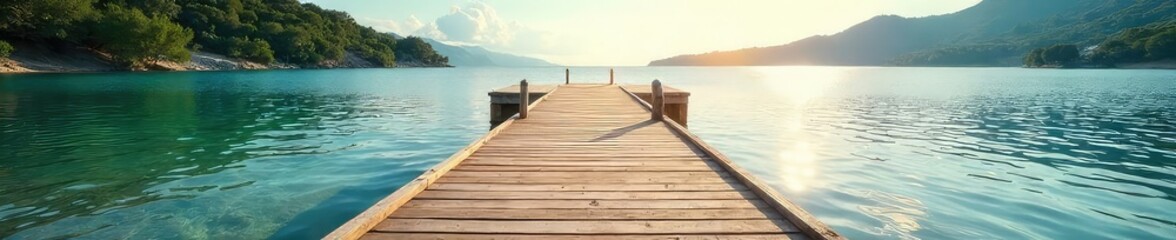 Tranquil scene of a wooden dock extending over calm waters towards a serene shoreline, bathed in soft sunlight Perfect for travel, nature, and relaxation themes , coastline, marina