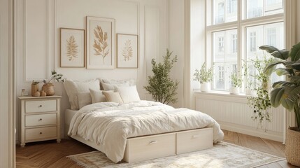 Compact bedroom setup with clever drawer tucked into wall paneling beside bed