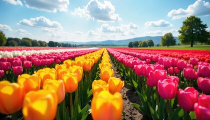 Vibrant rows of tulips stretch to the horizon under a bright spring sky A breathtaking display of color and natural beauty perfect for springtime themes and nature backgrounds , beauty, nature