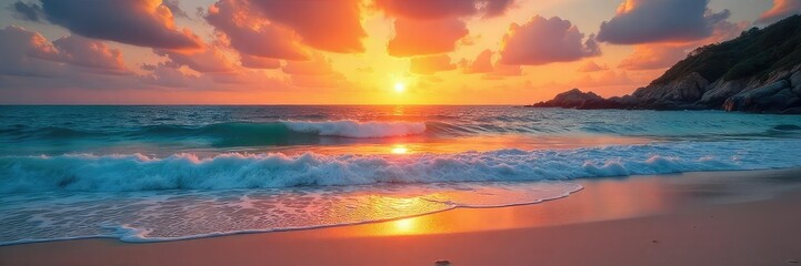 Vibrant sunset over a pristine beach, waves gently lapping the shore, leaving delicate patterns in the sand Perfect for travel, vacation, or summer themed projects , blue, serenity