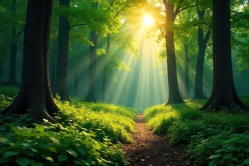 Obraz premium Sunlight dapples the forest floor, illuminating lush green foliage and towering trees in a vibrant display of natural beauty Perfect for nature, ecology, and environmental themes , texture, outdoor