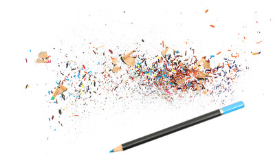 wooden crayon with pencil tip shavings isolated on white, top view