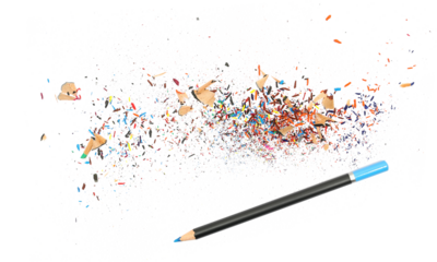 wooden crayon with pencil tip shavings isolated on white, top view