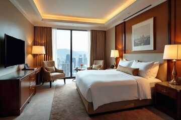 Indulge in opulent comfort A lavish hotel suite boasts a king-size bed, plush furnishings, and breathtaking city views from a large window , stylish, night view, relaxation