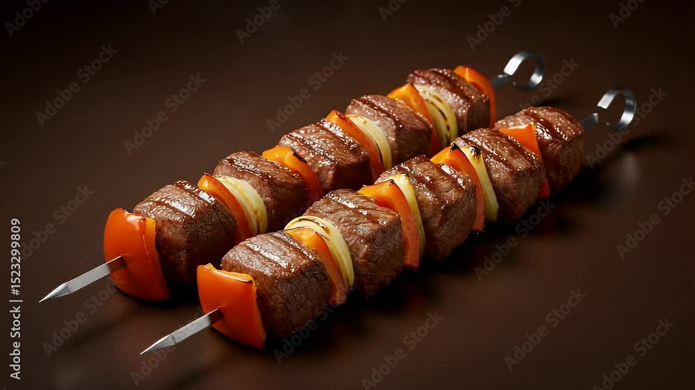Poster grilled beef skewers with vegetables on skewers
