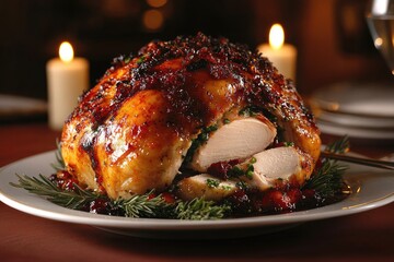 Roasted bird with herbs and cranberries, festive candles in background create warm, cozy atmosphere