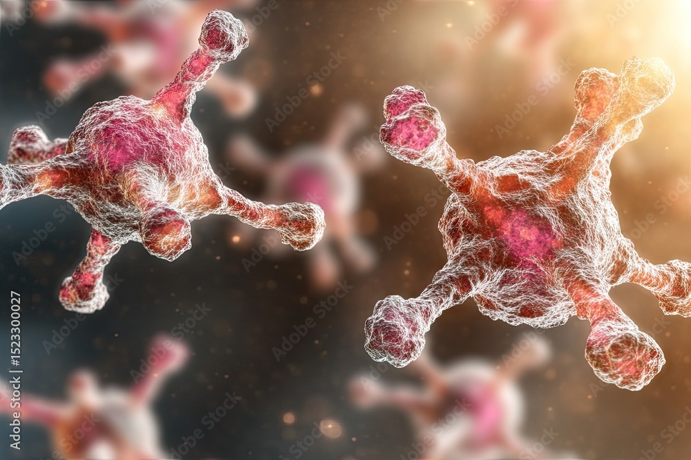 Poster microscopic view of cells with branch-like extensions, showcasing cellular complexity with soft ligh