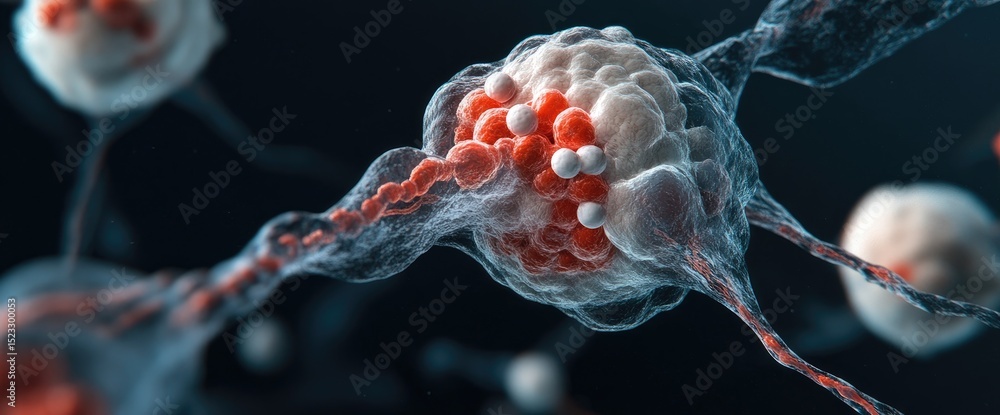 Poster microscopic view of cells. red and white spheres are inside a translucent branching cell structure