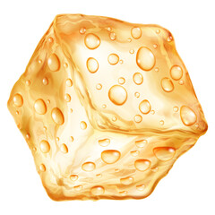 Large realistic translucent ice cube in yellow colors with water drops on its surface, isolated on a white background. Transparency only in vector format.