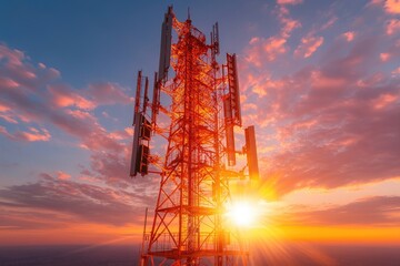 Tower with radiating light against a dramatic sky, featuring a blend of colors, textures, and sunlight