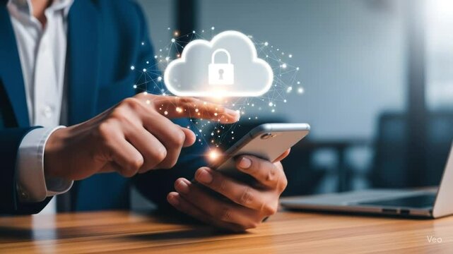 Individual interacts with a smartphone displaying a cloud security symbol in a contemporary office setting, focused on safeguarding private information during digital access - Powered by Adobe
